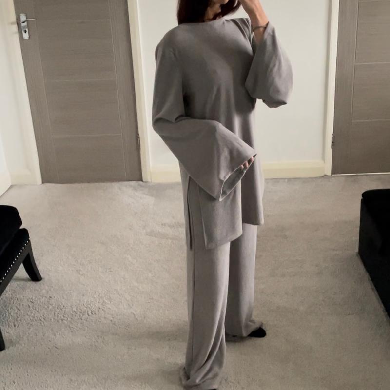 SHESOUT Super Soft Rib Flared Sleeve & Wide Leg Co Ord Set for Women - Womenswear, Bottom 4