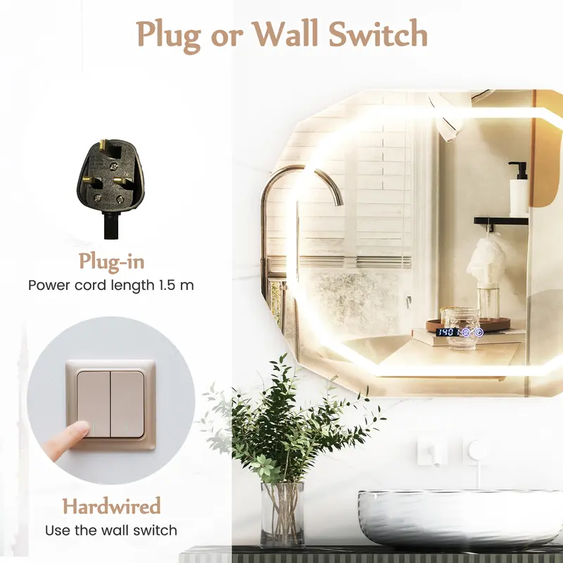COSTWAY Anti-Fog Mirror LED Bathroom Mirror with 3 Color LED Light 4