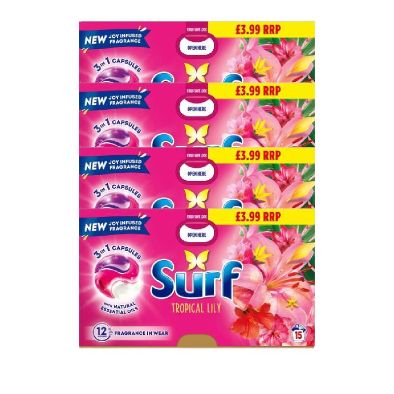 Surf 3-in-1 Tropical Lily & Ylang-Ylang with Long-Lasting Fragrance Washing Capsules for Brilliantly Clean Laundry 15 Washes (Pack of 4) Household Box Plastic Burst Scented 1
