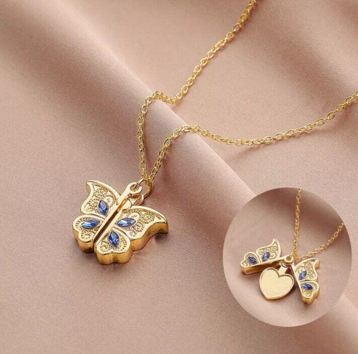 Crystal Fashion Women's Butterfly Pendant Necklace With I Love You Heart Shaped Engraved Locket Birthday Christmas Valentines Gift for Girlfriend Sister Mum Ladies 3
