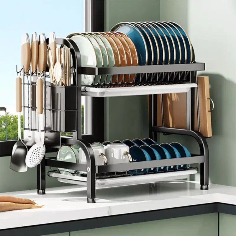 2 Tier Dish Drainer Plate Rack With Drip Draining Plate Bowl Tray Sink Drying CZ
