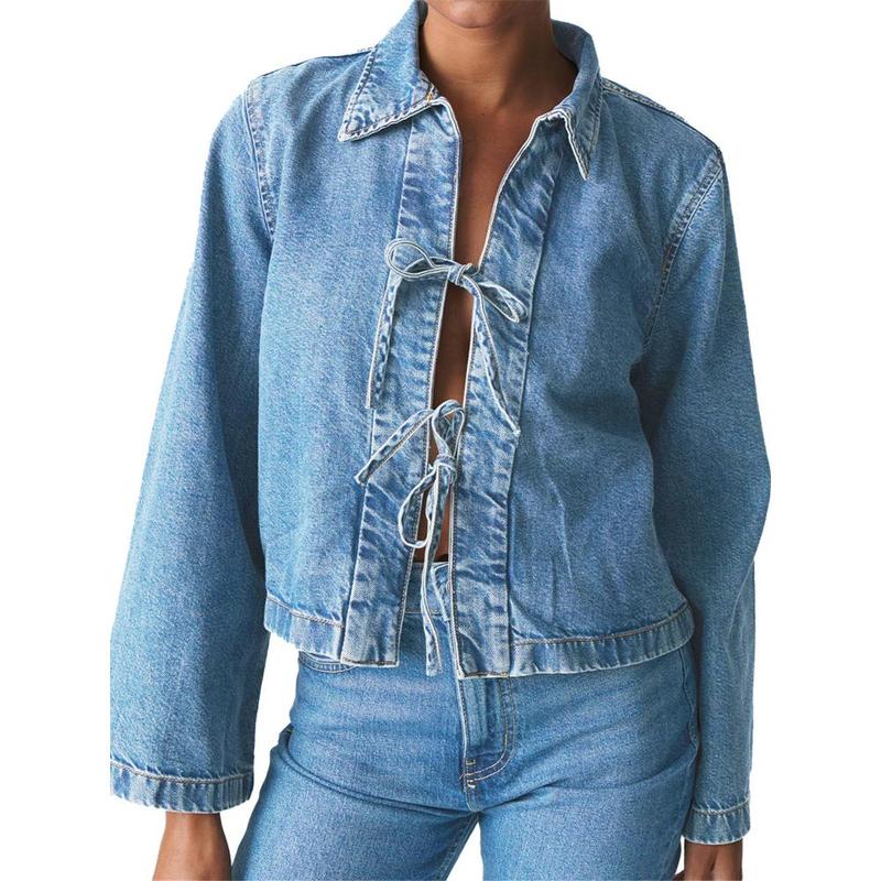 Women's Denim Tie Front Jacket Solid Color Lapel Long Sleeve Casual Cropped Coats Spring Fall Outerwear 2