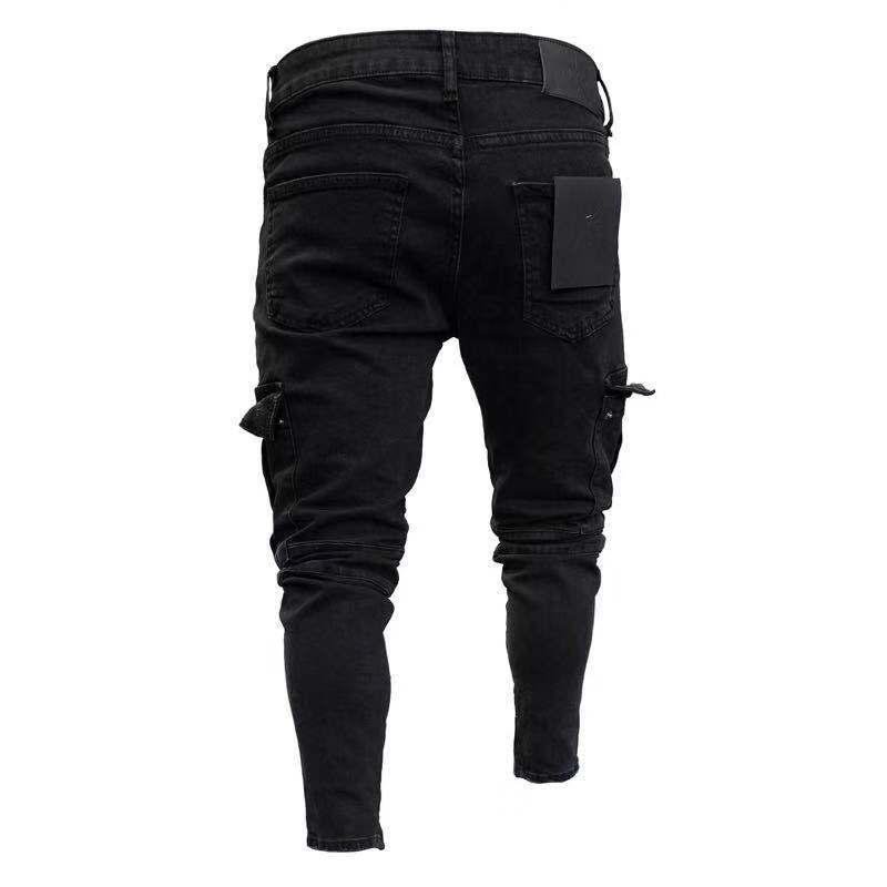 Spring Autumn Winter Men's Stretch Jeans Black Large Side Pocket Worker Jeans Fashion Zipper Skinny Jeans Stretch Jogging Pants Menswear Streetwear Trouser Denim 4