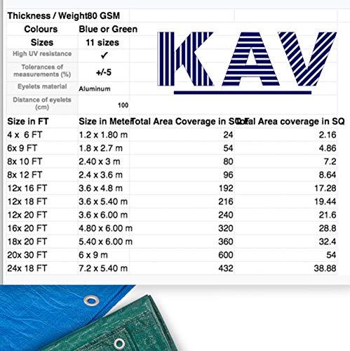 KAV - 1.80 x 2.70M (6x9 FT) Green Strong Waterproof Universal Tarpaulin Tarp sheet in - Ground Sheet Covers For Camping Fishing Gardening Pets  Premium Quality Cover Made of 80 gram 7