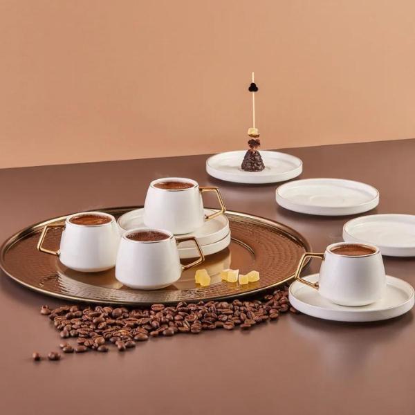 Karaca Saturn 12 Piece Porcelain Espresso Turkish Coffee Cup Set for 6 People, 100ml, White Gold Classic Drinkware 4