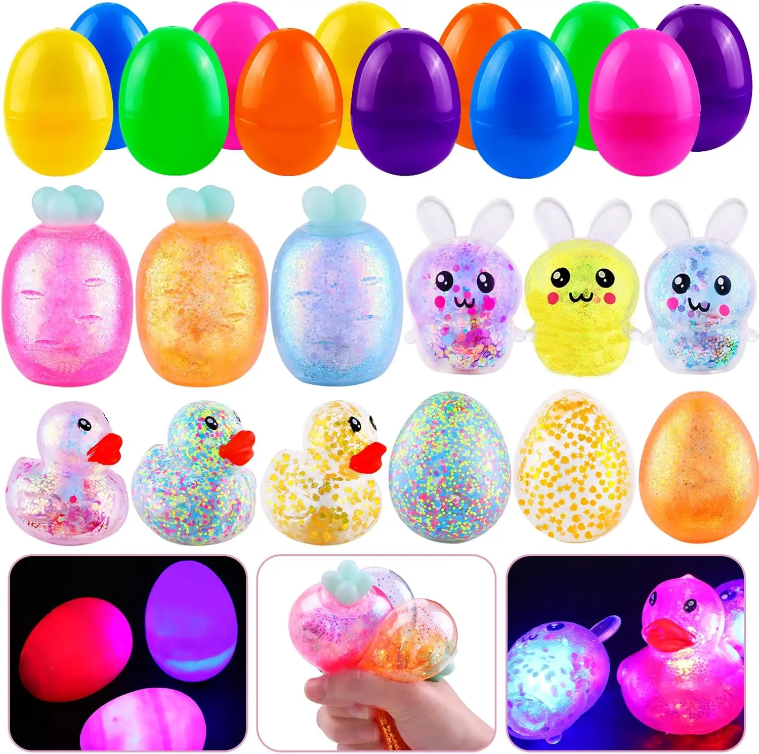 Filled Easter Eggs，12PCS Colorful Easter Light Up Bunny Squishy Toys Cute Easter Sensory Stress Carrots Toys for Easter Eggs Hunt Easter Basket Easter Party Favors Gifts Set