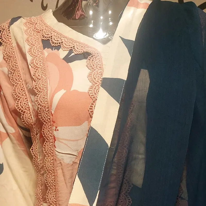 Asian Style 3pc women causal wear. boski lenen fabric and shifoon dupata ivory colour with navy blue dupata. beautiful lace work on shirt and trousers. 4