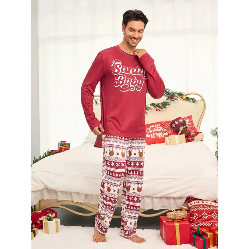 2pcs Men's Burgundy Simple Christmas Element All Over Print Long Sleeve Pajama Set, Comfortable Loungewear Menswear Nightwear Pants Stretch 8