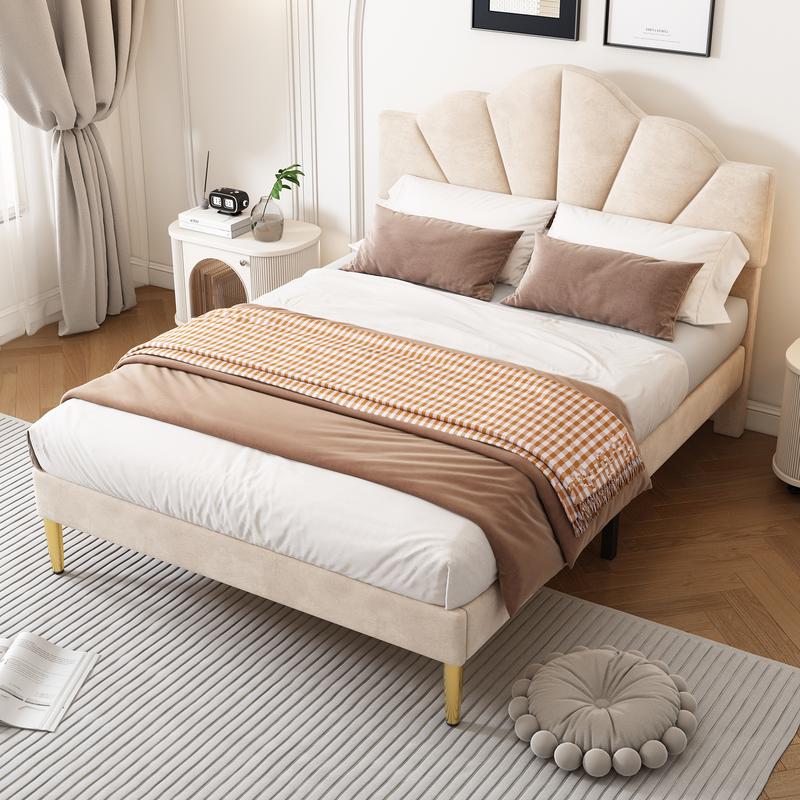 Luxury Uk New King Size Bed-5ft(150*200cm)TV Double Velvet upholstered bed shell-like bed with golden iron legs, height-adjustable headboard, wooden slatted frame, Beige california king 4