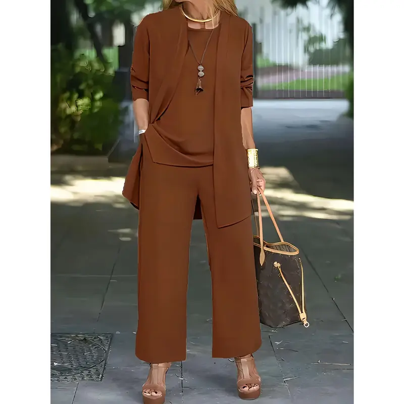 Casual Three-piece Solid Set, Long Sleeve Cardigan & Top & Long Pants Outfits, Women's Clothing 3