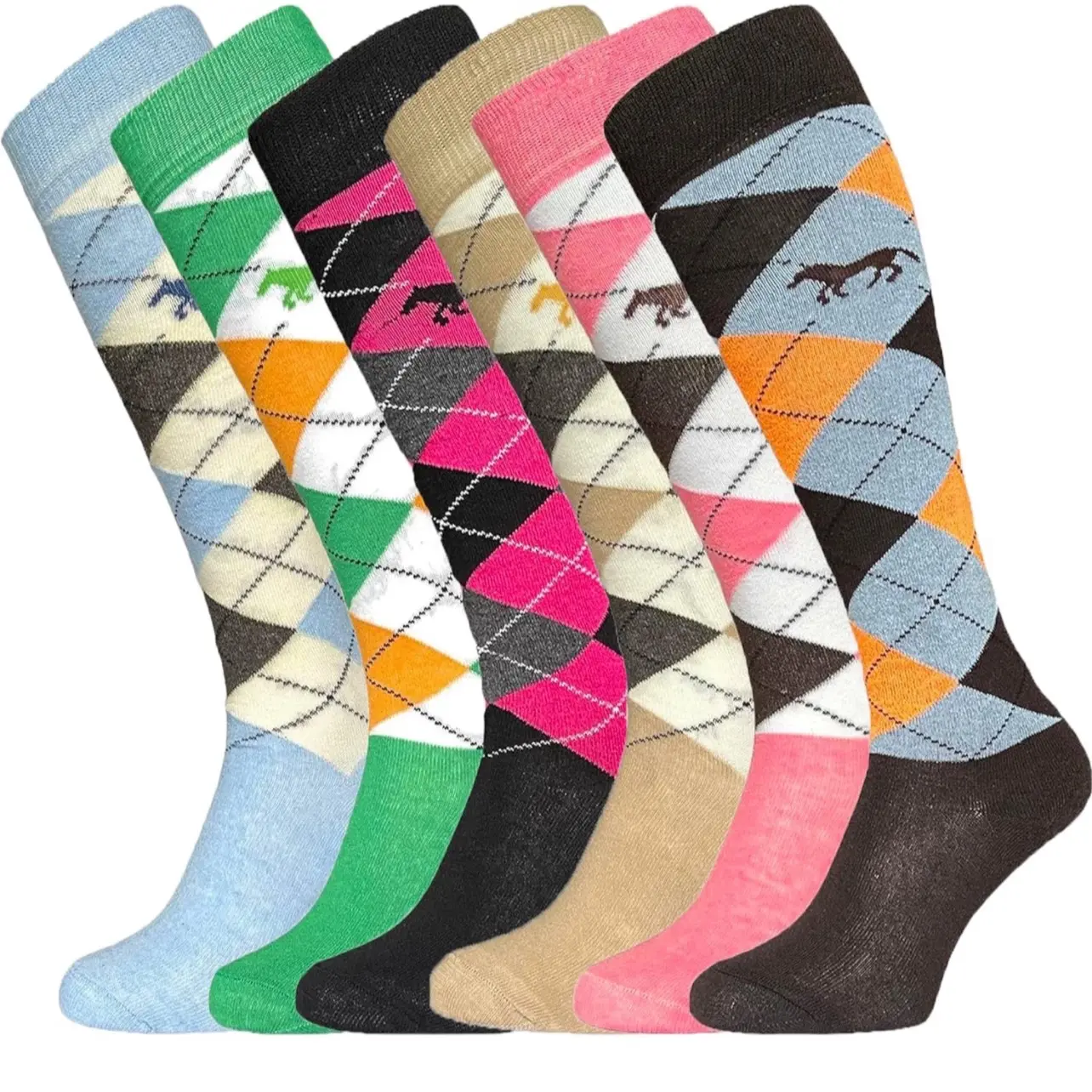 6 pairs Ladies Girls Knee High Equestrian Argyle Diamond Horse Riding Socks UK Size 4-7