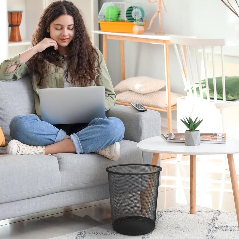 Round Trash Can - Black Non-slip Mesh Bin, Stylish & Sturdy Metal Waste Paper Bin for Home, Bedroom, Office, Bathroom, Living Room & Kitchen - Indoor Garbage Bin with Sleek Design 2
