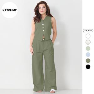 KatchMe Premium Clothing,Women's V Neck Sleeveless Button Up Top & Wide Leg Pocket Trousers Co-ord B,Commuter Plain Tank & Suiting Pants Summer Set