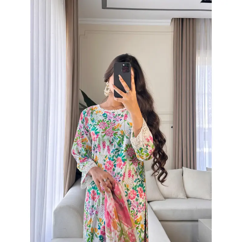 3 pcs Stitched WHITE lawn suit Ready to Wear with chiffon dupatta LNE-24017 1