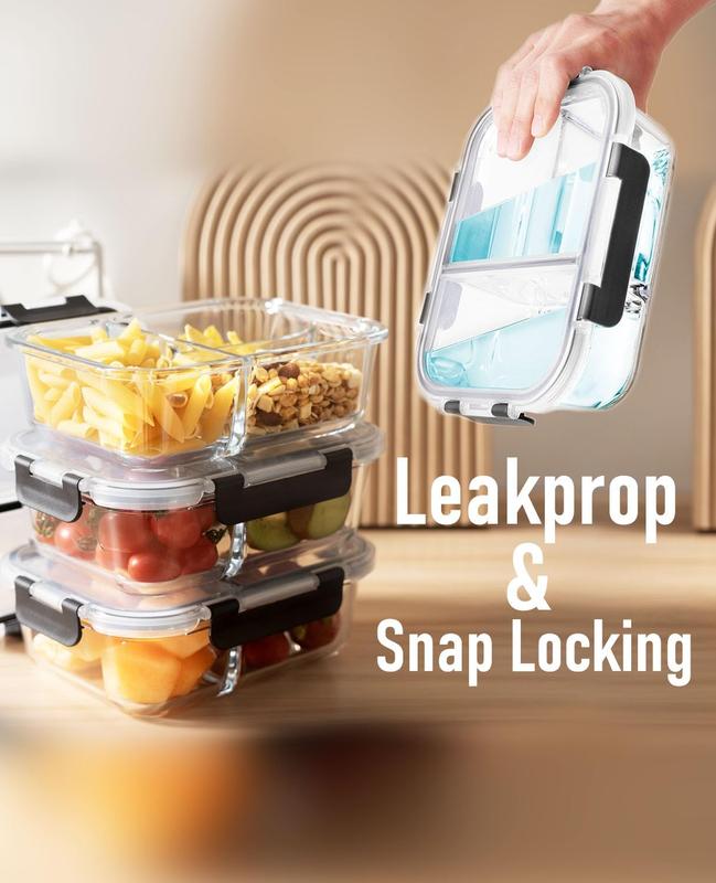 Houszy 3 Compartment Glass Food Storage Containers with Airtight(Pack of 3), Leak-Proof Snap-Lock Lids - BPA-Free, Microwave, Dishwasher, Oven, & Freezer-Safe Lunch Boxes Kitchen Utensils Sturdy Set 2