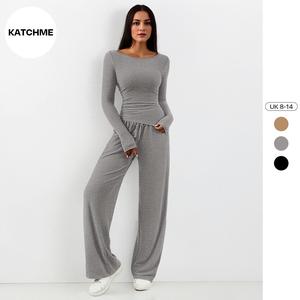 KatchMe Women's Minimalist Solid Color Scoop Neck Long Sleeve Asymmetrical Top & Drawstring Waist Wide Leg Trousers Co-ord, Basic Two Piece Outfits