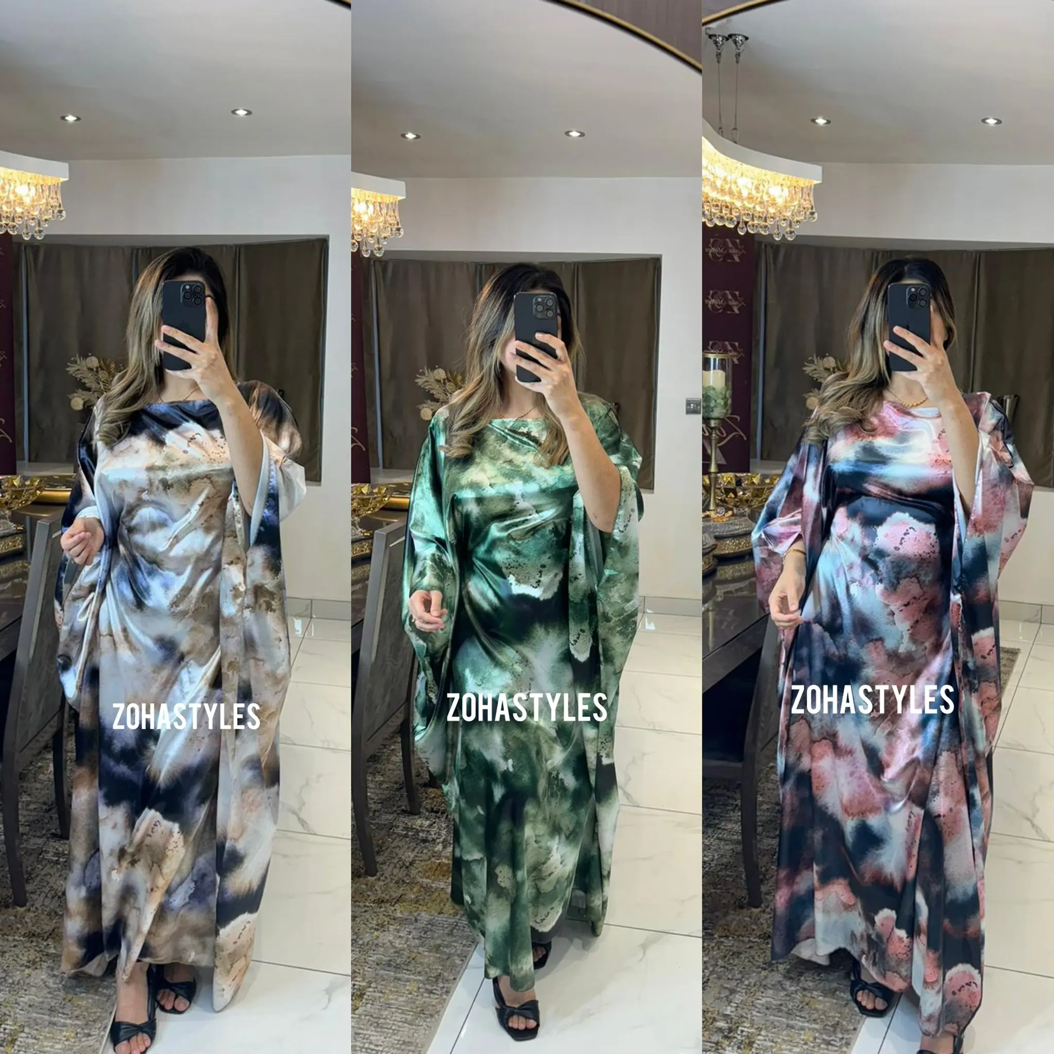 Women's Ladies Satin Marble Print Tie Kaftan Abaya Dress Modesty