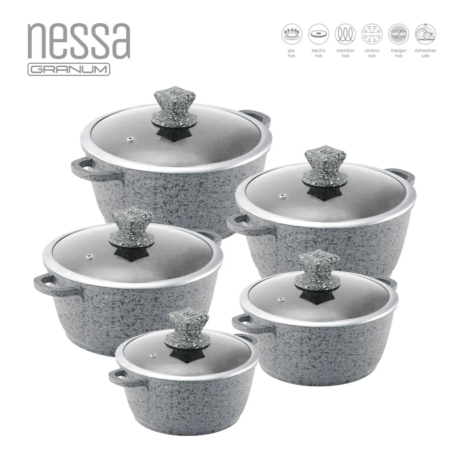 SQ Professional NESSA Granum Die-Cast Aluminium Stockpot Set with Non-Stick Coating 5pc Serizzo Grey Cookware Glass