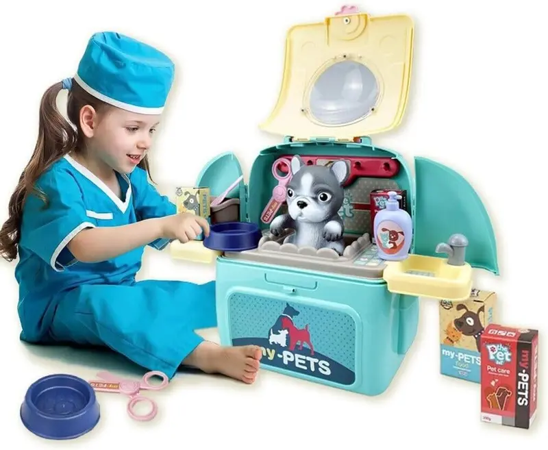My Pet Care Play Set with Backpack, Pet Playset Grooming & Feed & Play Pet Treat Kit Preschool Toy Educational Gifts, 2 in 1 Pre-Kindergarten Toys for Girls Boys Blue (Dog) 4