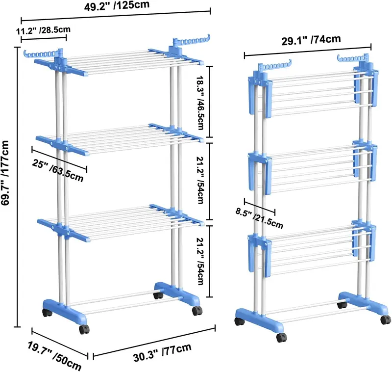 3 Tier Clothes Drying Rack, Adjustable Rolling Laundry Hanger, Foldable Wings Large Stainless Steel Garment Dryer with Casters for Outdoor Indoor Room Hangable 1