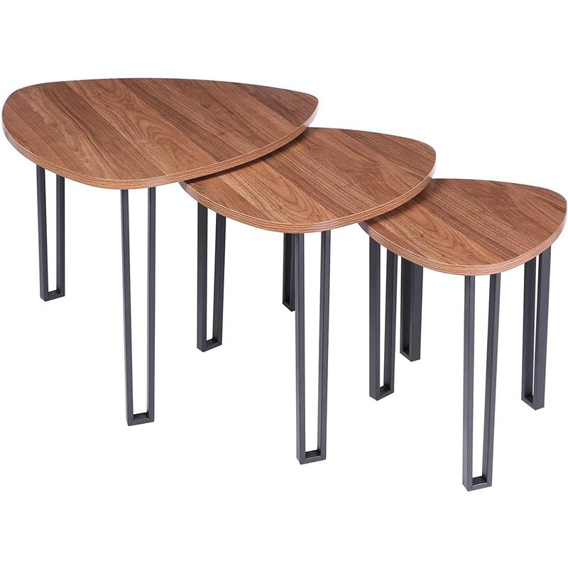 Set of Triangle Table Wood/Metal Coffee Living Room End Tea Nesting Tables Angled Legs 2