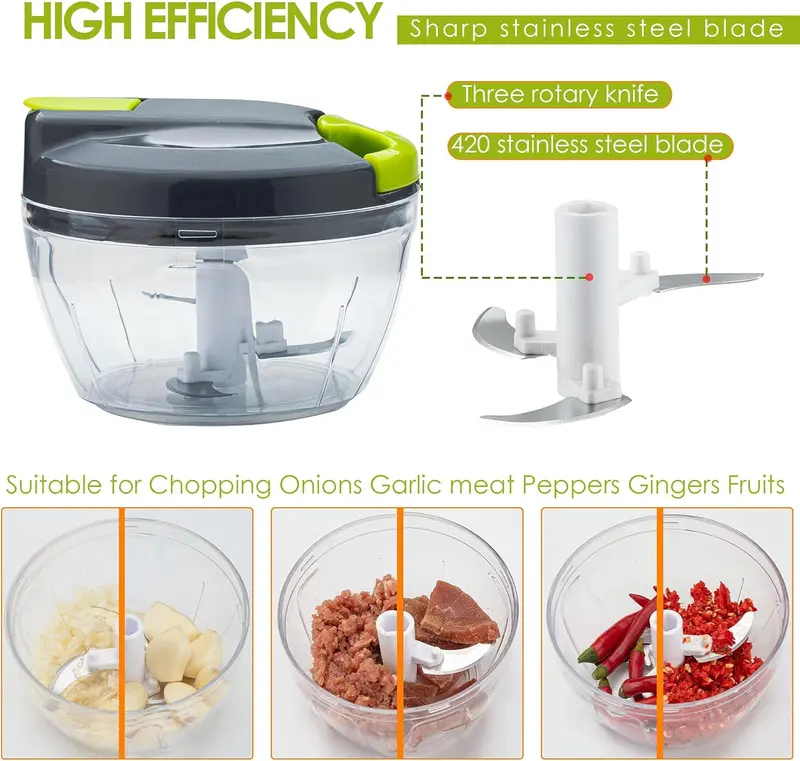 Multi-Function Manual Food Chopper & Processors with Handle and Cover, Vegetable Chopper Shredder, Garlic Chopper, Suitable for Onions Garlic Peppers Carrots Fruits,Wonderful for Kitchen(Green) Lid Stainless Steel Utensils Blade Detachable Meat 6