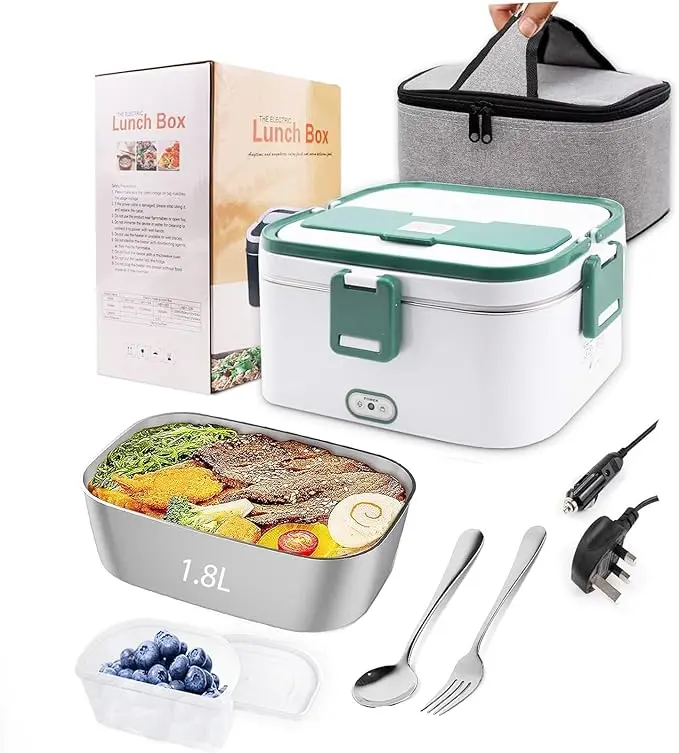 Electric Lunch Box 70W 3 in 1 Heated Lunch Box with 1.8L 304 SS Container/Insulated Bag/Large Cutlery Set,12V 24V 220V Food Warmer for Car Truck Office School and Home Use, White