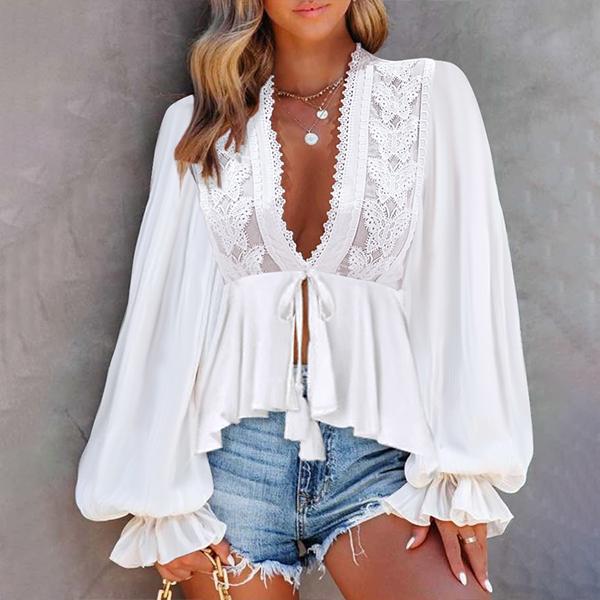 ChicMe Women's Plunge Lantern Sleeve Lace Patch Tied Detail Top 0