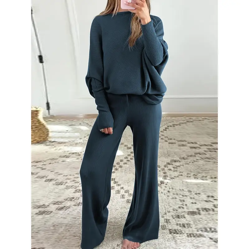 Elegant Knit Co-ord Set - Sweater Co-ords with Long Batwing Sleeves, One-shoulder Design, Drawstring Waist, and Wide Leg Pants - Soft, Comfortable, and Chic Women's Clothing Outfit for Casual Occasions 4