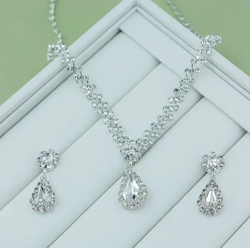 Eid/Mothers day Gift Crystal Diamonte Rhinestone Necklace Set and Earings Bridal Set Wedding Evening Party Engagement Anniversay Birthday Gift for her/mom Chic Jewelry Set Fashion Accessory Trendy Jewellery 1
