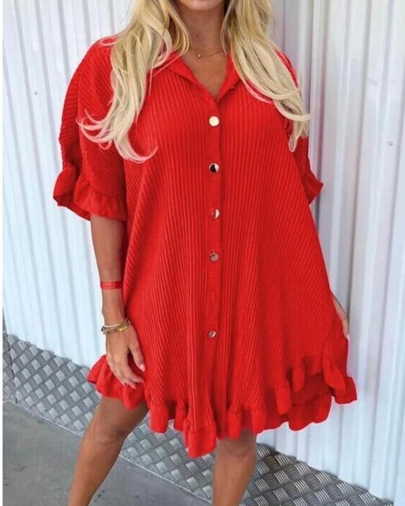 Product Introduction of Women’s Ladies Gold Button Pleated Frill Summer Shirt Swing Mini Dress Viral TikTok Top Casual Fabric 8