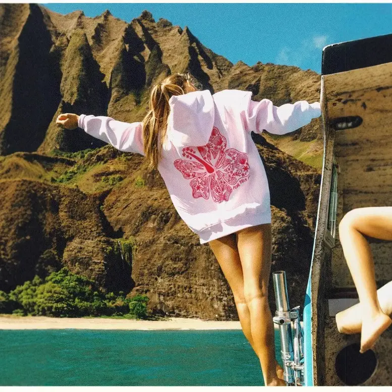 Embroidery hoodie 2024 new women's sleeved sunset - Hibiscus hoodie all-matching casual hoodie