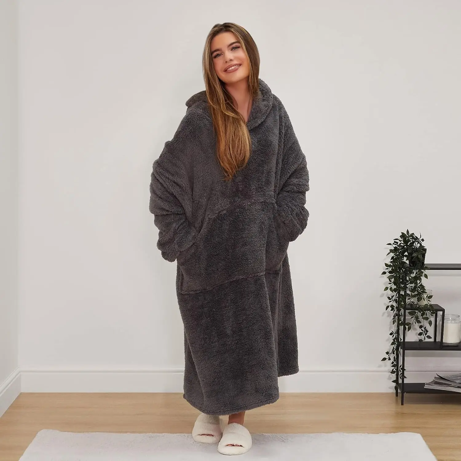 Extra Long Teddy Fleece Blanket Hoodie Oversized for Women Men Adult Wearable Throw Soft Giant Sweatshirt, One Size - Charcoal Grey