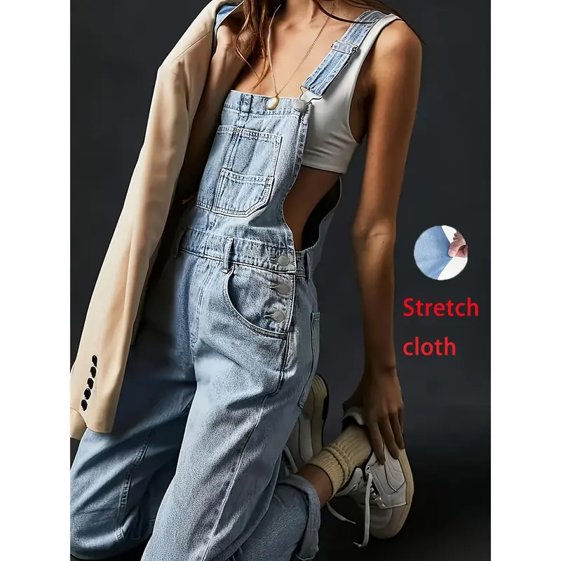 Women's Casual Denim Overalls, Rayon Blend, Solid Color, Long Length, Regular Fit, with Strappy Back Detail, for All-Season Woven Fabric, Casual Denim Wear|Stylish Strappy Overalls|Rayon Blend Fabric 4