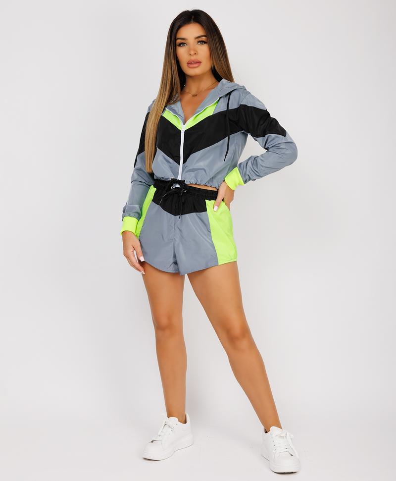 Product Introduction of Lexi Fashion Womens Colour Block Cropped Shell Jacket & Shorts Co-Ord Set Polyester Long Sleeve Fabric Womenswear Cropped Top Festival Lightweight Outdoor 5