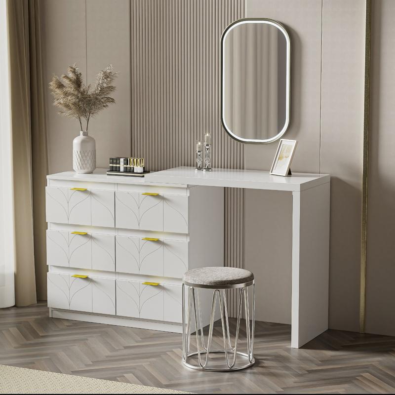 Product Introduction of Dressing Table with Side Table, Bedroom Dressing Tables, Office Table with 6 Drawers, Gold-Plated Handles, Rotating Table Top (180°), Floral Pattern, Shock-Resistant Rounded Corners, White (Without Mirror and Stool) 17