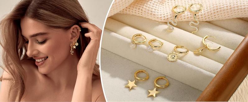 Product Introduction of Milacolato Silver Gold Hoop Earrings for Women,  Silver Huggie Hoop Earrings Hypoallergenic Huggie Earrings with Star/Heart/Coin/Snake Pendant Drop Dangle Earrings 2