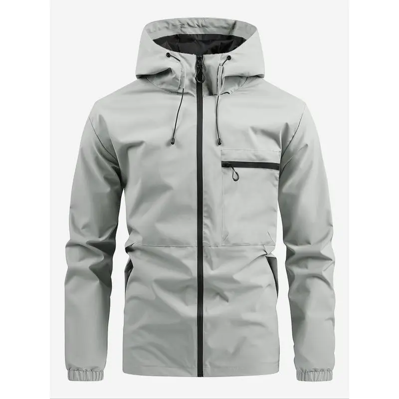 Men's Solid Pocket Drawstring Hooded Jacket, Regular Fit Zip Up Jacket, Stylish Outfit for Spring & Fall, Windbreaker for Men, Menswear, Men's Tops, Mens Clothing,  Winter Coats Underwear Beige Plain 4