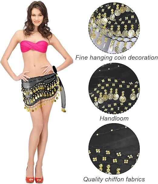 Belly Dance Hip Scarf with Bracelets, Chiffon Belly Dance Scarf Wrap Belt Sash Skirt with Gold Coins for Performance Costume Belly Dance Yoga Class Womenswear Clothes Fabric Fits Lightweight Outfits Top Comfort Black 2