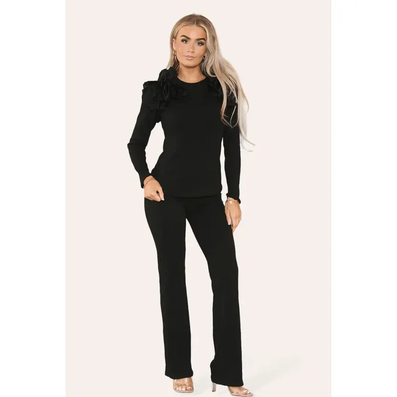 Ruffle Frill Shoulder Ribbed Loungewear Co-Ord Top & Trouser Set Womenswear Bottom Comfortable Cute 1