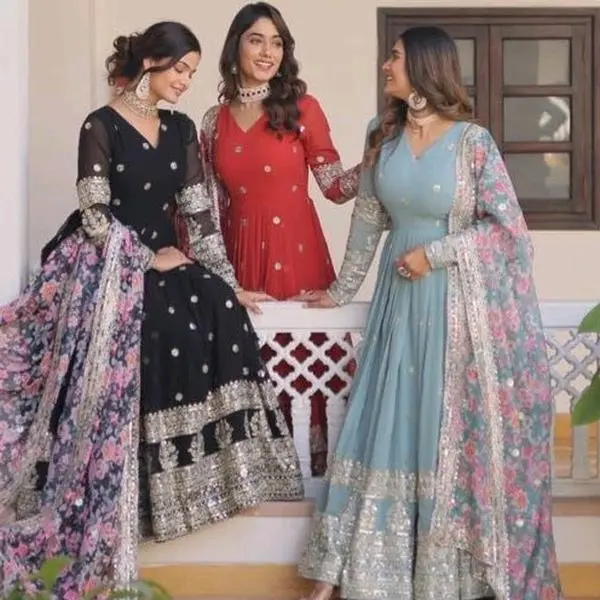 Sahiba embroidered maxi dress with floral print dupatta.