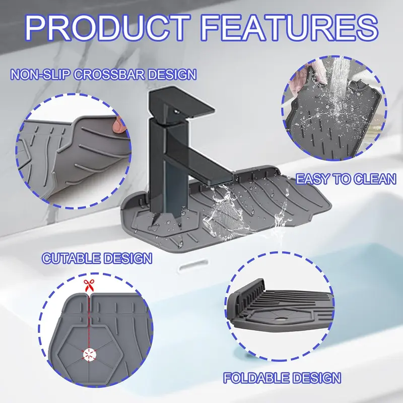 Silicone Sink Splash Tray Mat, Silicone Draining Mat Around Tap, Kitchen Sink Splash Guard, Sink Mat, Sink Faucet Mat, Behind Faucet Protector Mat for Kitchen Bathroom Countertop 5