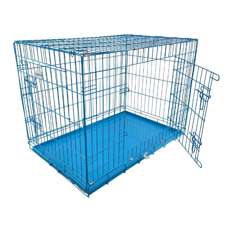 HugglePets Blue Metal Dog Puppy Cage Foldable Large 91cm Dual Door with Locks, Car Home and Travel Crate 0