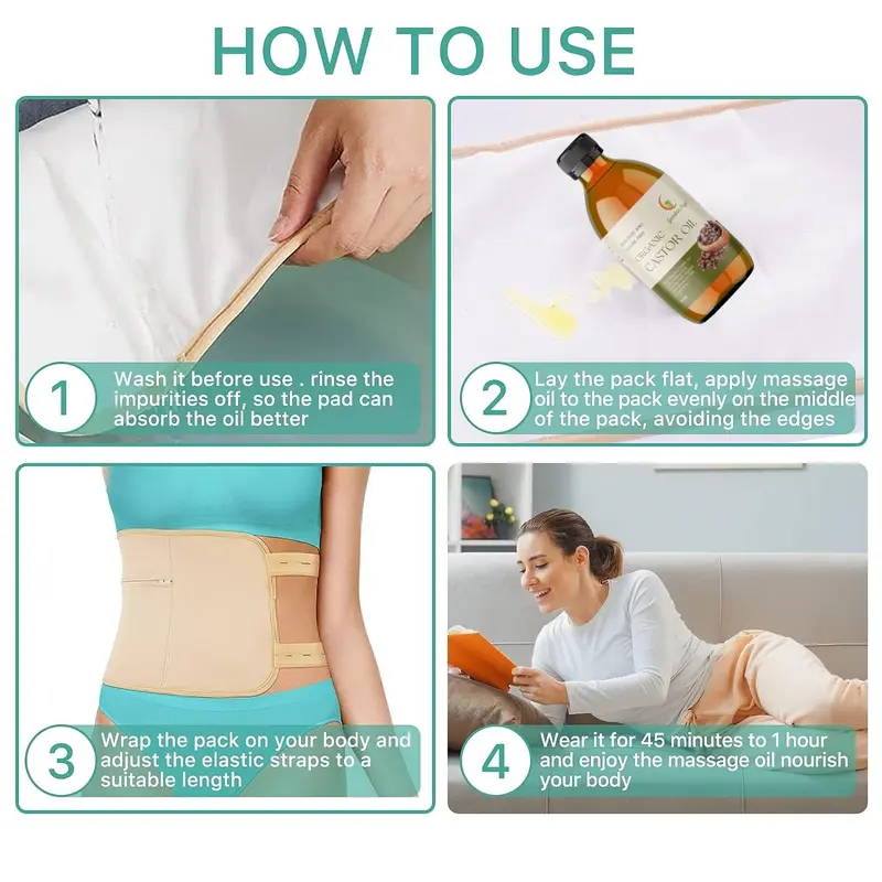 Organic Castor Oil 4 Piece Pack with Castor Oil-Body, Neck & Chest Wraps Body Care Remedy 3