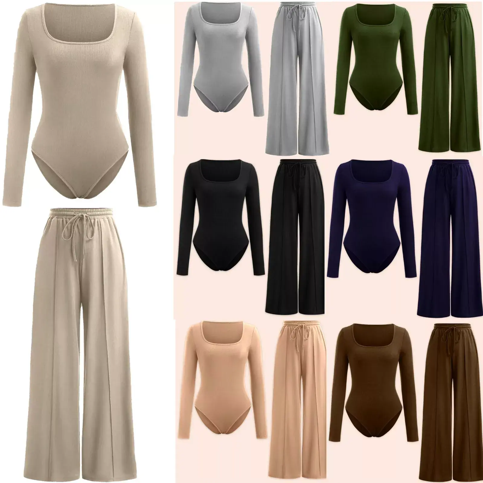Ladies scoop neck Ribbed bodysuit wide leg trouser two Piece Co ord Outfit Set Casual Comfort Long Sleeve Womenswear