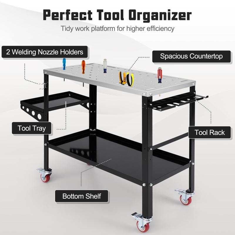 COSTWAY Welding Table Workbench on Wheels with Tool Rack and Tray 2