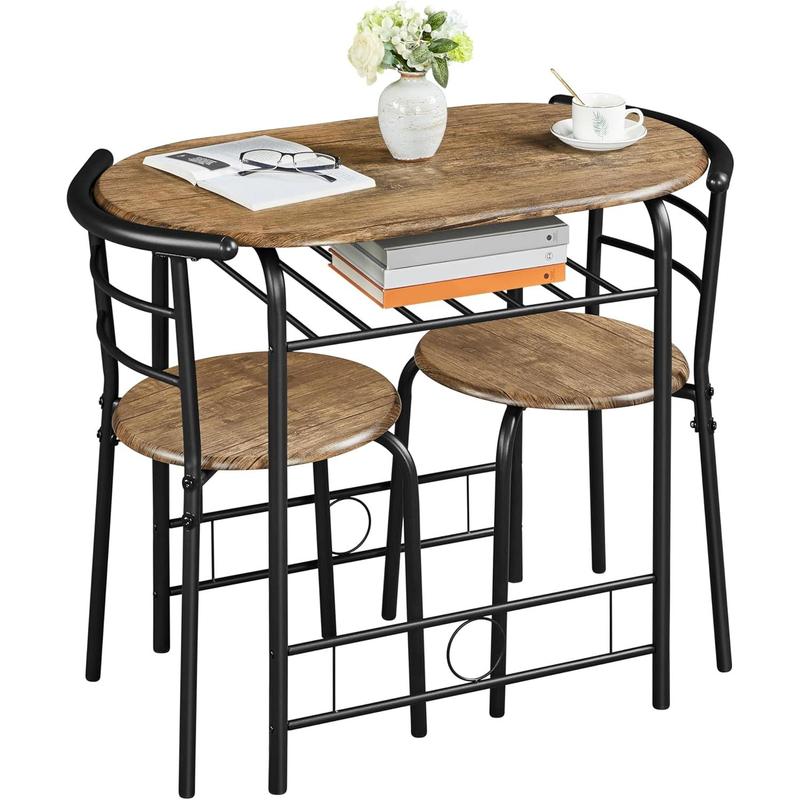 3 Piece Modern Dining Table Set, Kitchen Table and Chairs Set for 2, Space Saving Table Set, Breakfast Nook Table Set with Steel Legs and Storage Rack for Kitchen/Small Space, Brown 0