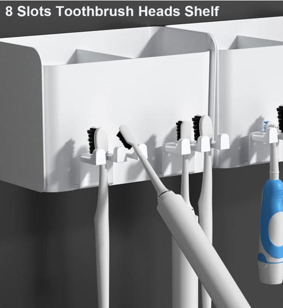 Toothbrush Holder Wall Mounted, Adhesive Toothbrush Holders, Multifunctional Bathroom Toothbrush Holder with 4 Cups and 4 Toothbrush Slots can Hold 8 Toothbrushs 4