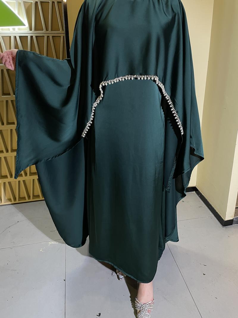 Product Introduction of 2025 Ramadan Promotion Two- piece Satin cape elegant dress , occasion abaya , Modest dress with pearl and crystal 12