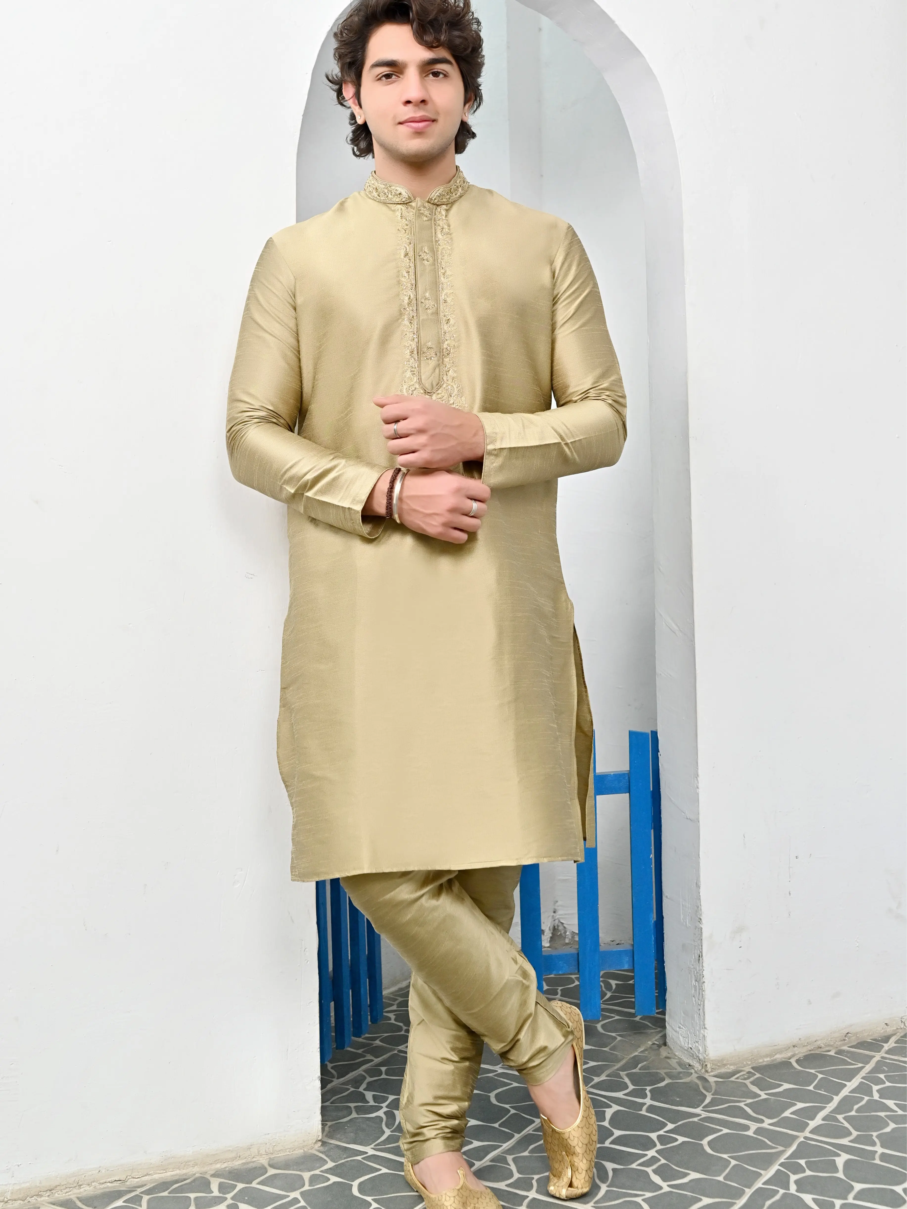 Men's Beige Neck Embroidery Kurta Pajama | Indian Traditional-Wear | For Weddings - Events - Festivals